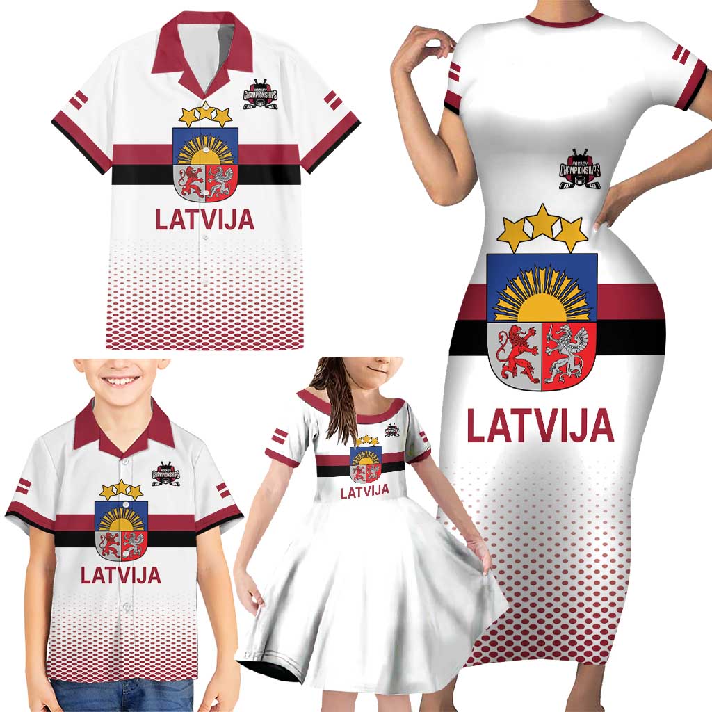 Custom Latvia Ice Hockey Champions Family Matching Short Sleeve Bodycon Dress and Hawaiian Shirt Come on Latvija White style