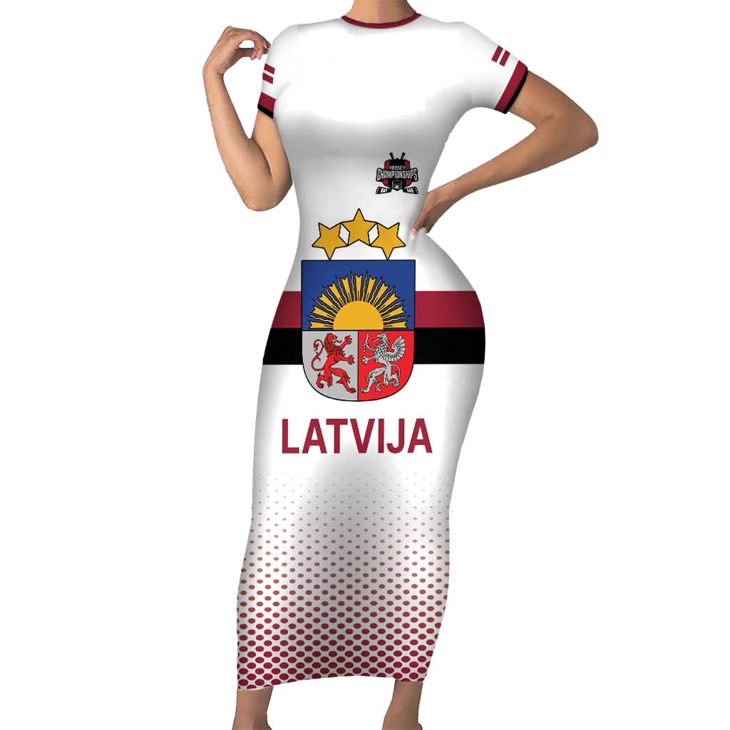 Custom Latvia Ice Hockey Champions Family Matching Short Sleeve Bodycon Dress and Hawaiian Shirt Come on Latvija White style