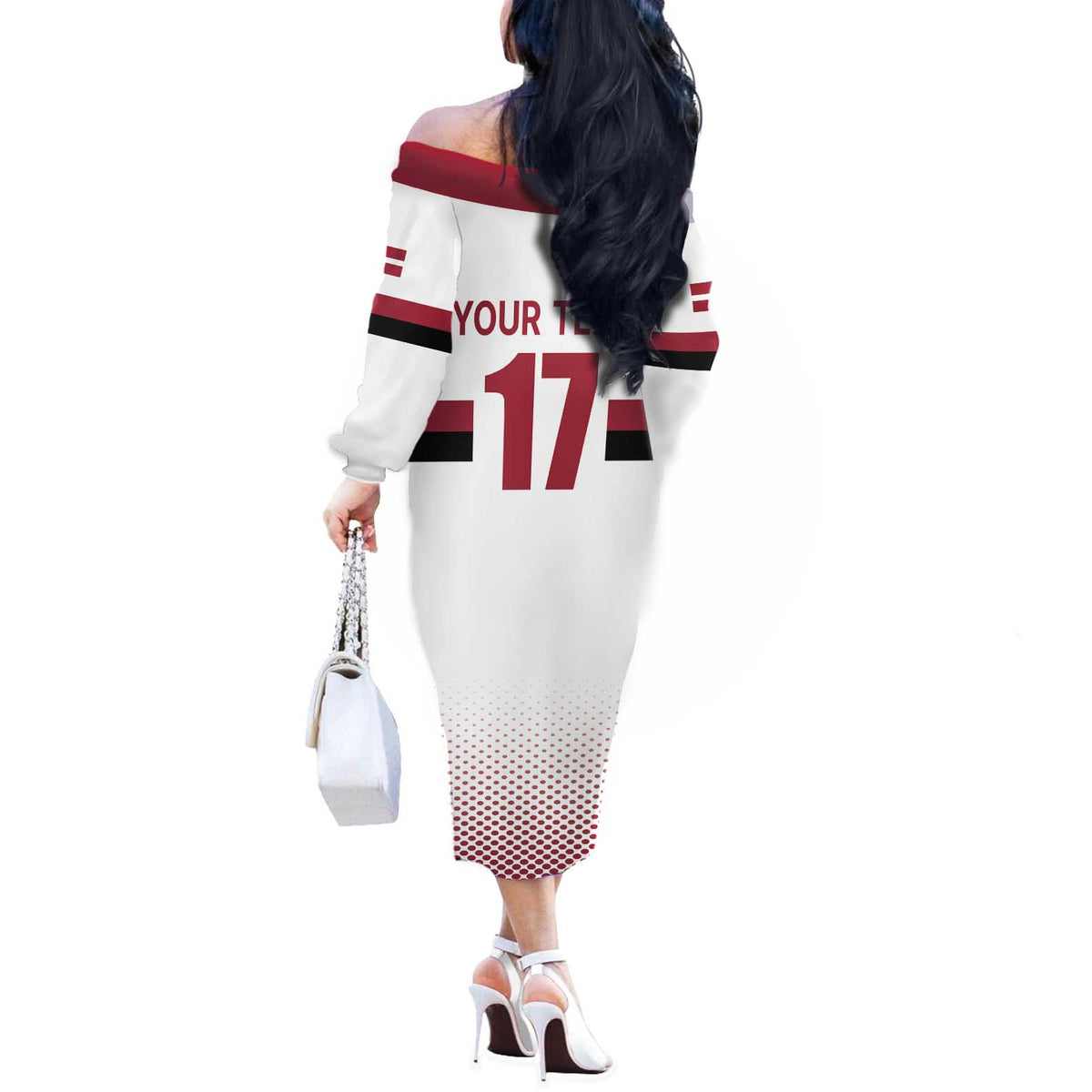 Custom Latvia Ice Hockey Champions Off The Shoulder Long Sleeve Dress Come on Latvija White style
