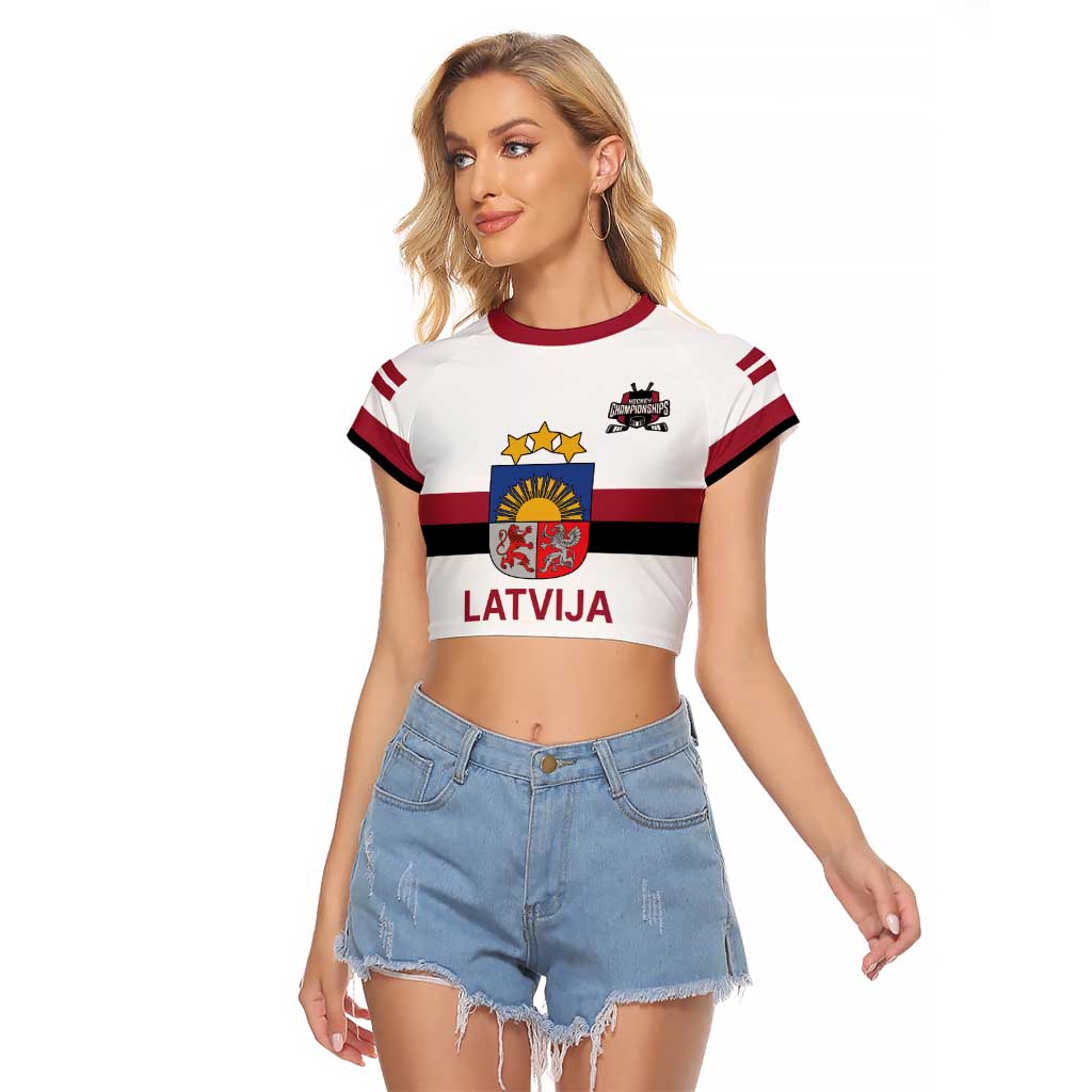 Custom Latvia Ice Hockey Champions Raglan Cropped T Shirt Come on Latvija White style