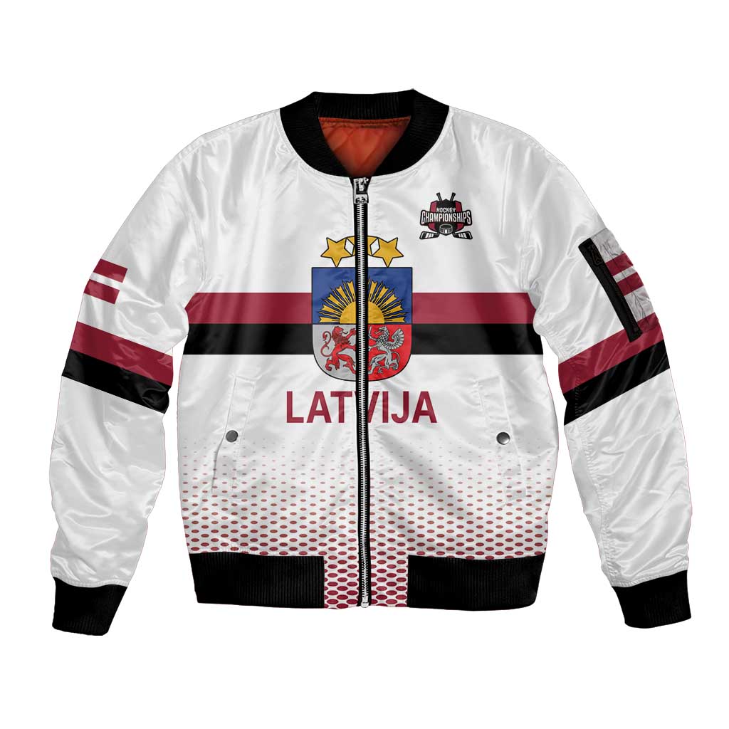 Custom Latvia Ice Hockey Champions Sleeve Zip Bomber Jacket Come on Latvija White style