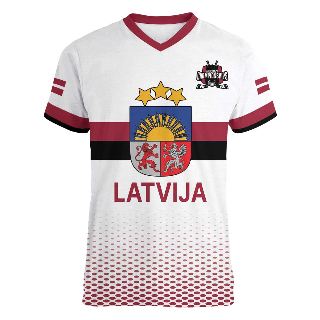 Custom Latvia Ice Hockey Champions Women V-Neck T-Shirt Come on Latvija White style