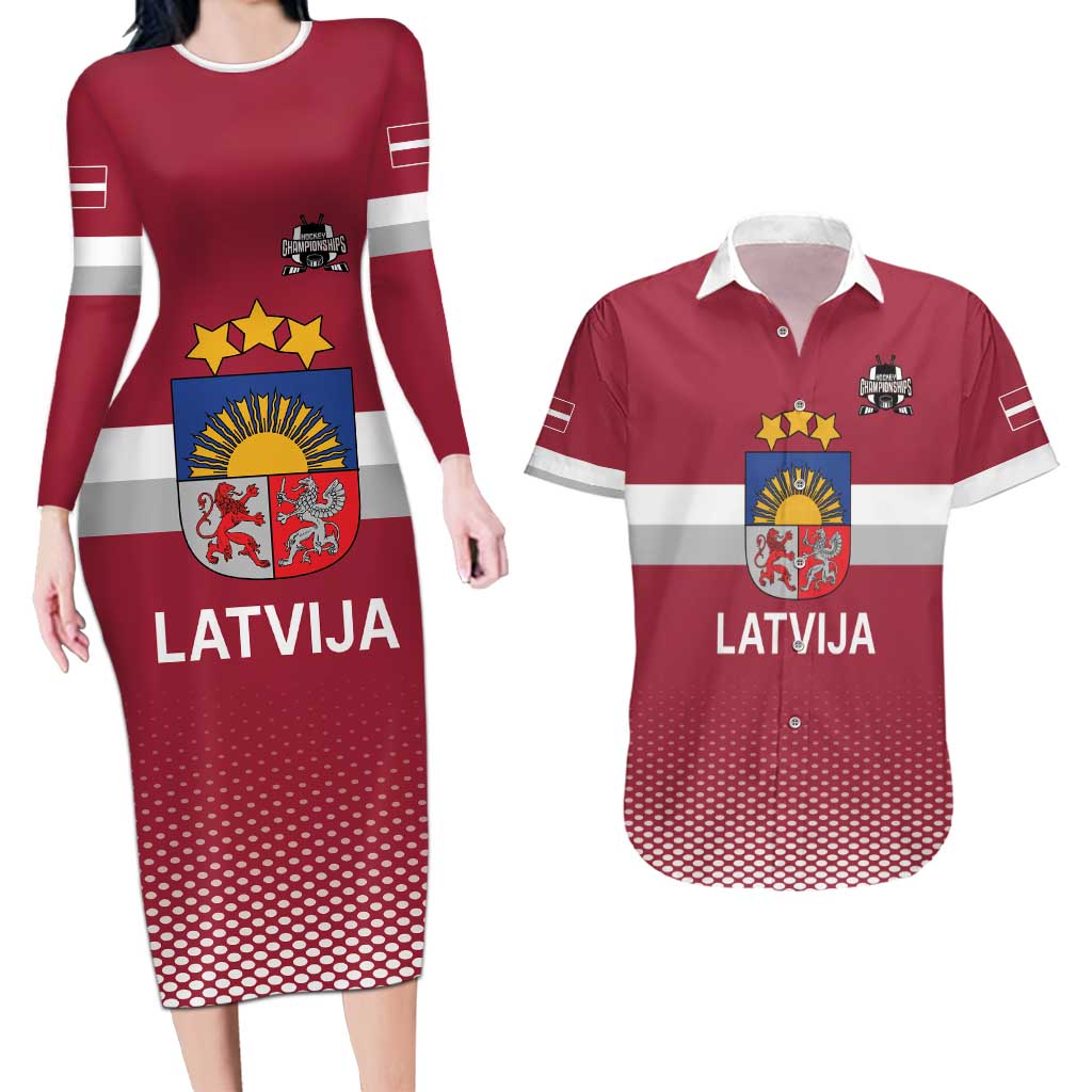 Custom Latvia Ice Hockey Champions Couples Matching Long Sleeve Bodycon Dress and Hawaiian Shirt Come on Latvija Red style