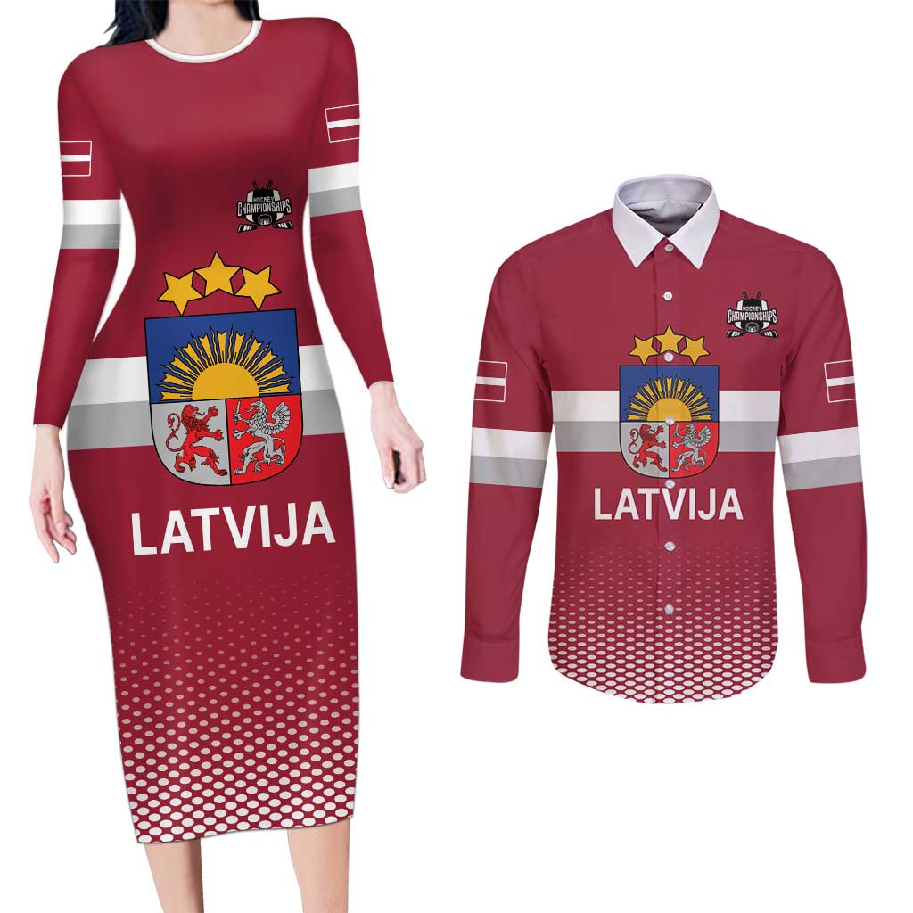 Custom Latvia Ice Hockey Champions Couples Matching Long Sleeve Bodycon Dress and Long Sleeve Button Shirt Come on Latvija Red style