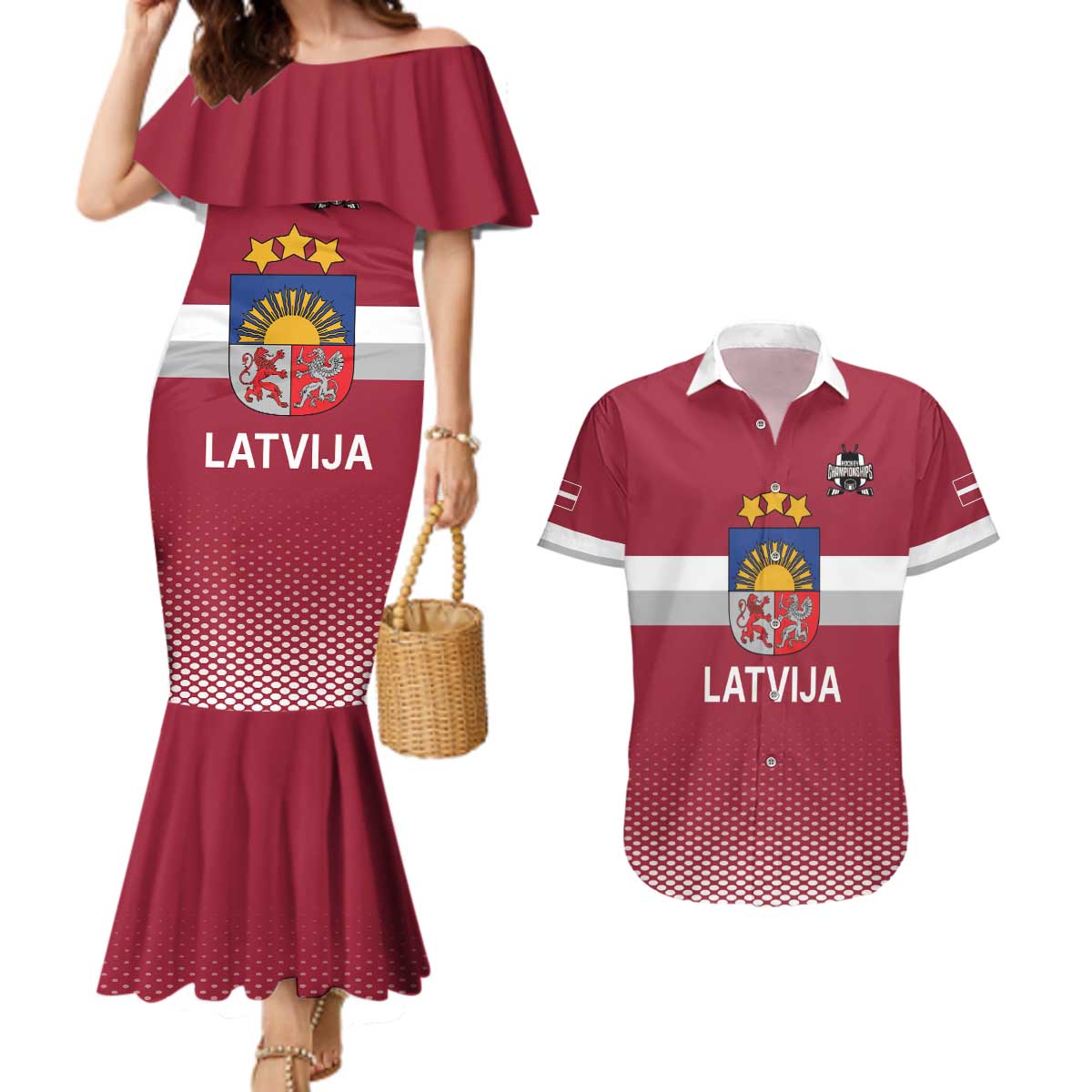 Custom Latvia Ice Hockey Champions Couples Matching Mermaid Dress and Hawaiian Shirt Come on Latvija Red style