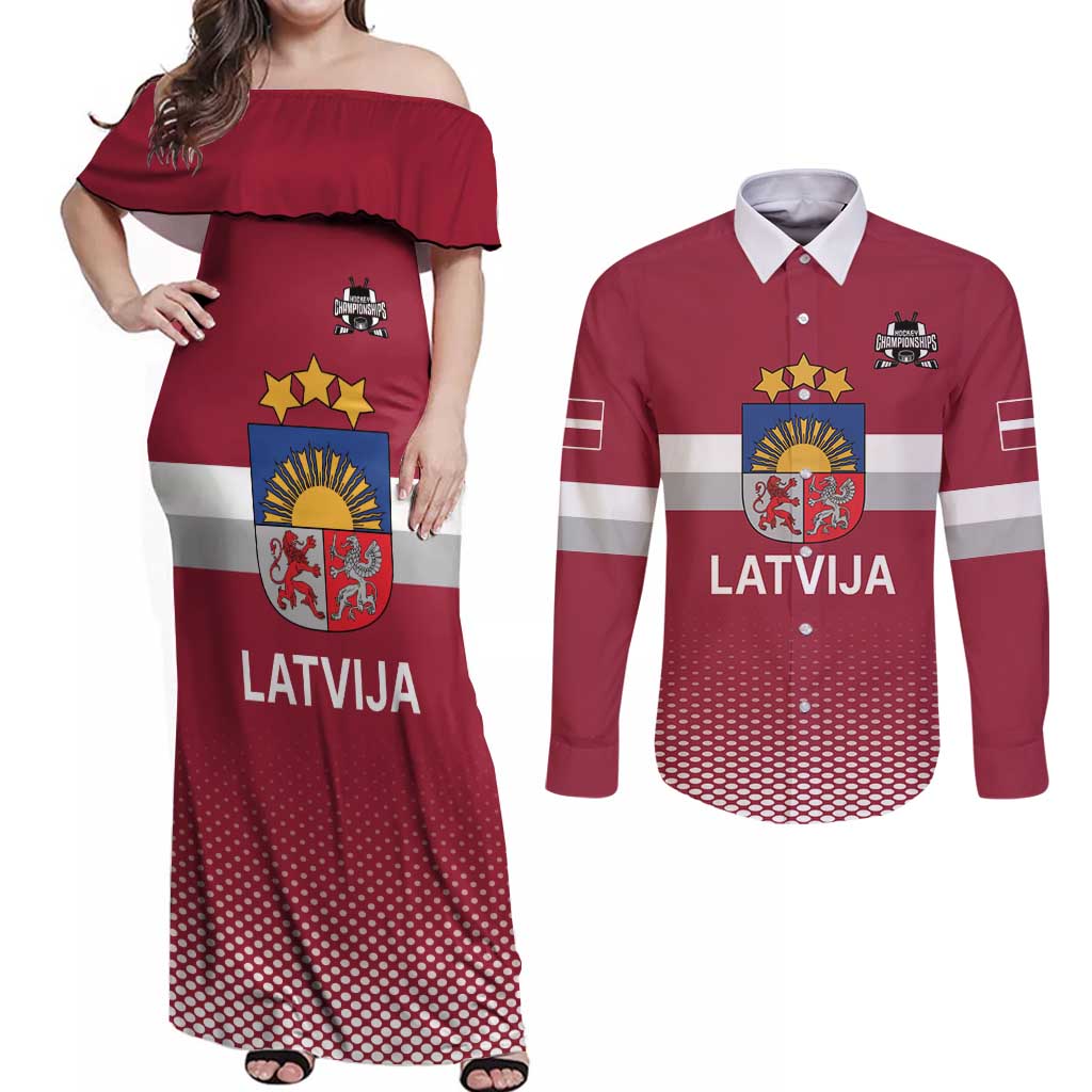 Custom Latvia Ice Hockey Champions Couples Matching Off Shoulder Maxi Dress and Long Sleeve Button Shirt Come on Latvija Red style