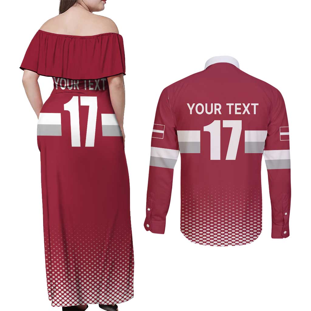 Custom Latvia Ice Hockey Champions Couples Matching Off Shoulder Maxi Dress and Long Sleeve Button Shirt Come on Latvija Red style