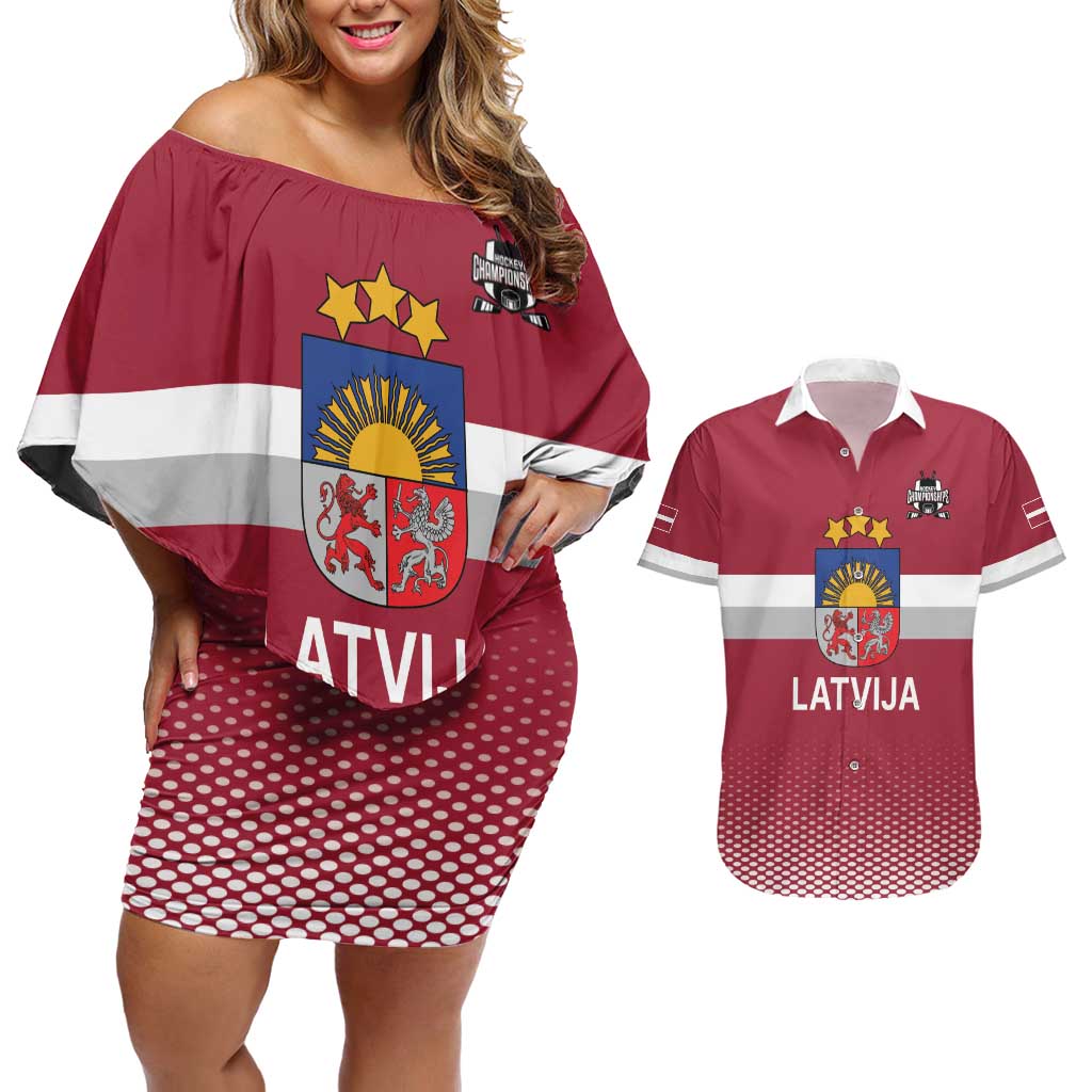 Custom Latvia Ice Hockey Champions Couples Matching Off Shoulder Short Dress and Hawaiian Shirt Come on Latvija Red style