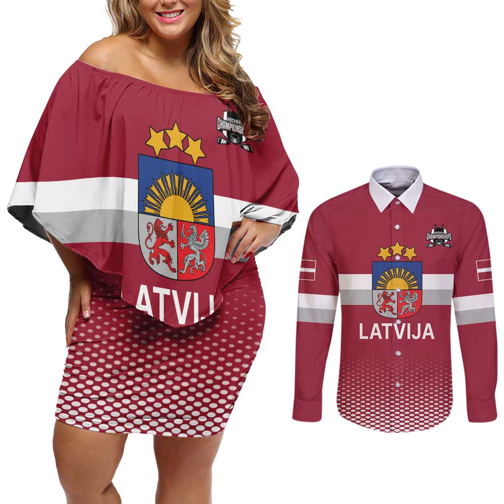 Custom Latvia Ice Hockey Champions Couples Matching Off Shoulder Short Dress and Long Sleeve Button Shirt Come on Latvija Red style