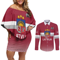 Custom Latvia Ice Hockey Champions Couples Matching Off Shoulder Short Dress and Long Sleeve Button Shirt Come on Latvija Red style