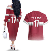 Custom Latvia Ice Hockey Champions Couples Matching Off The Shoulder Long Sleeve Dress and Hawaiian Shirt Come on Latvija Red style