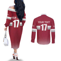 Custom Latvia Ice Hockey Champions Couples Matching Off The Shoulder Long Sleeve Dress and Long Sleeve Button Shirt Come on Latvija Red style