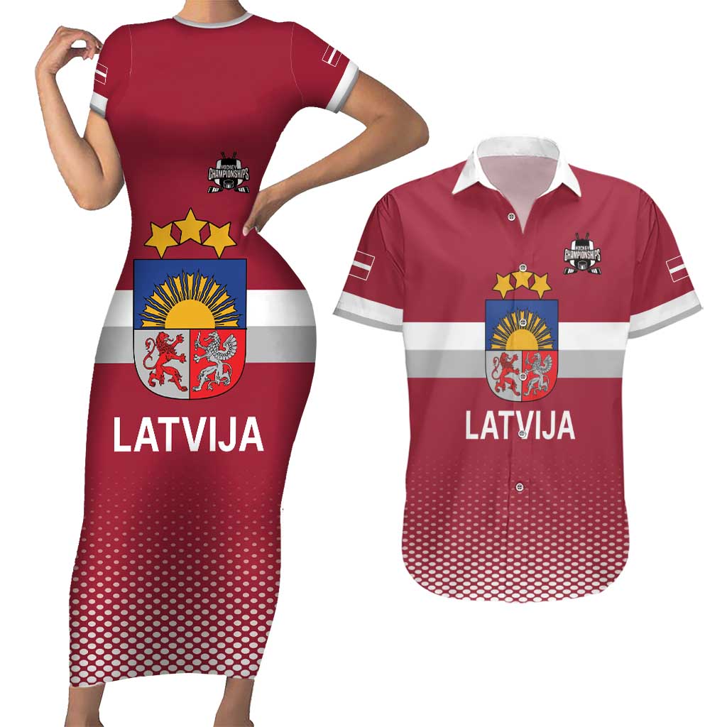 Custom Latvia Ice Hockey Champions Couples Matching Short Sleeve Bodycon Dress and Hawaiian Shirt Come on Latvija Red style