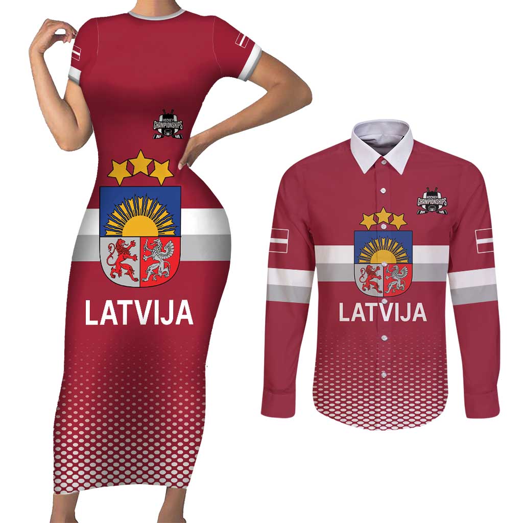 Custom Latvia Ice Hockey Champions Couples Matching Short Sleeve Bodycon Dress and Long Sleeve Button Shirt Come on Latvija Red style