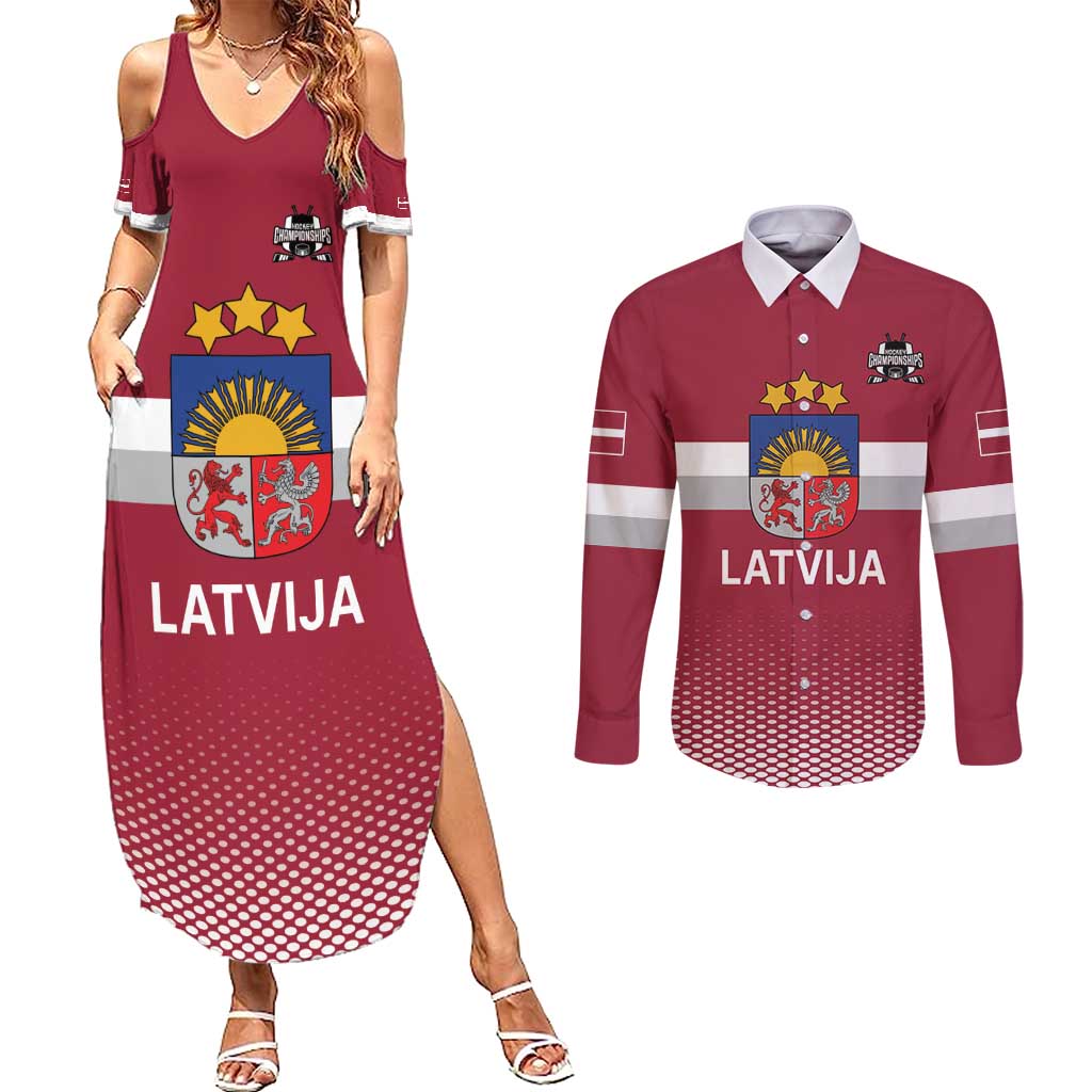 Custom Latvia Ice Hockey Champions Couples Matching Summer Maxi Dress and Long Sleeve Button Shirt Come on Latvija Red style