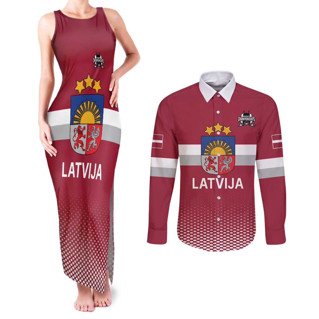 Custom Latvia Ice Hockey Champions Couples Matching Tank Maxi Dress and Long Sleeve Button Shirt Come on Latvija Red style