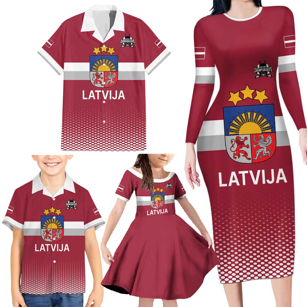 Custom Latvia Ice Hockey Champions Family Matching Long Sleeve Bodycon Dress and Hawaiian Shirt Come on Latvija Red style