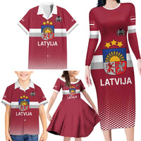 Custom Latvia Ice Hockey Champions Family Matching Long Sleeve Bodycon Dress and Hawaiian Shirt Come on Latvija Red style