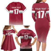 Custom Latvia Ice Hockey Champions Family Matching Long Sleeve Bodycon Dress and Hawaiian Shirt Come on Latvija Red style