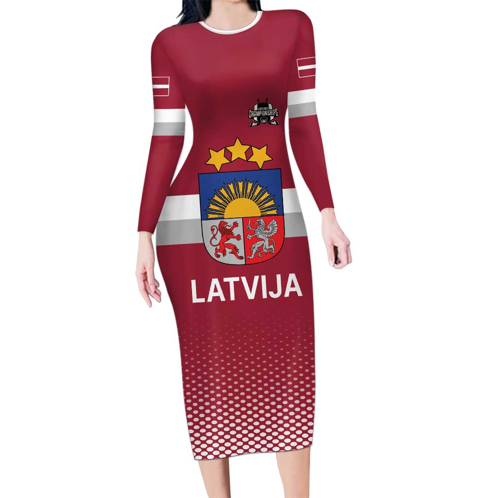 Custom Latvia Ice Hockey Champions Family Matching Long Sleeve Bodycon Dress and Hawaiian Shirt Come on Latvija Red style