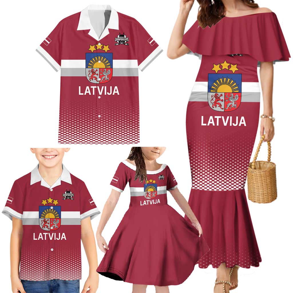 Custom Latvia Ice Hockey Champions Family Matching Mermaid Dress and Hawaiian Shirt Come on Latvija Red style