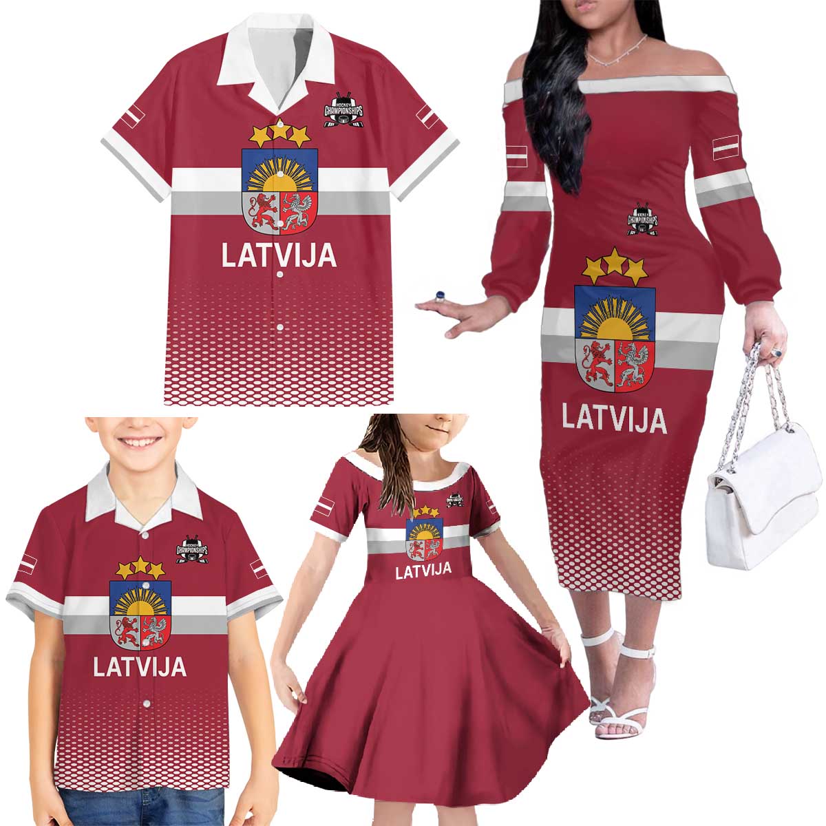 Custom Latvia Ice Hockey Champions Family Matching Off The Shoulder Long Sleeve Dress and Hawaiian Shirt Come on Latvija Red style