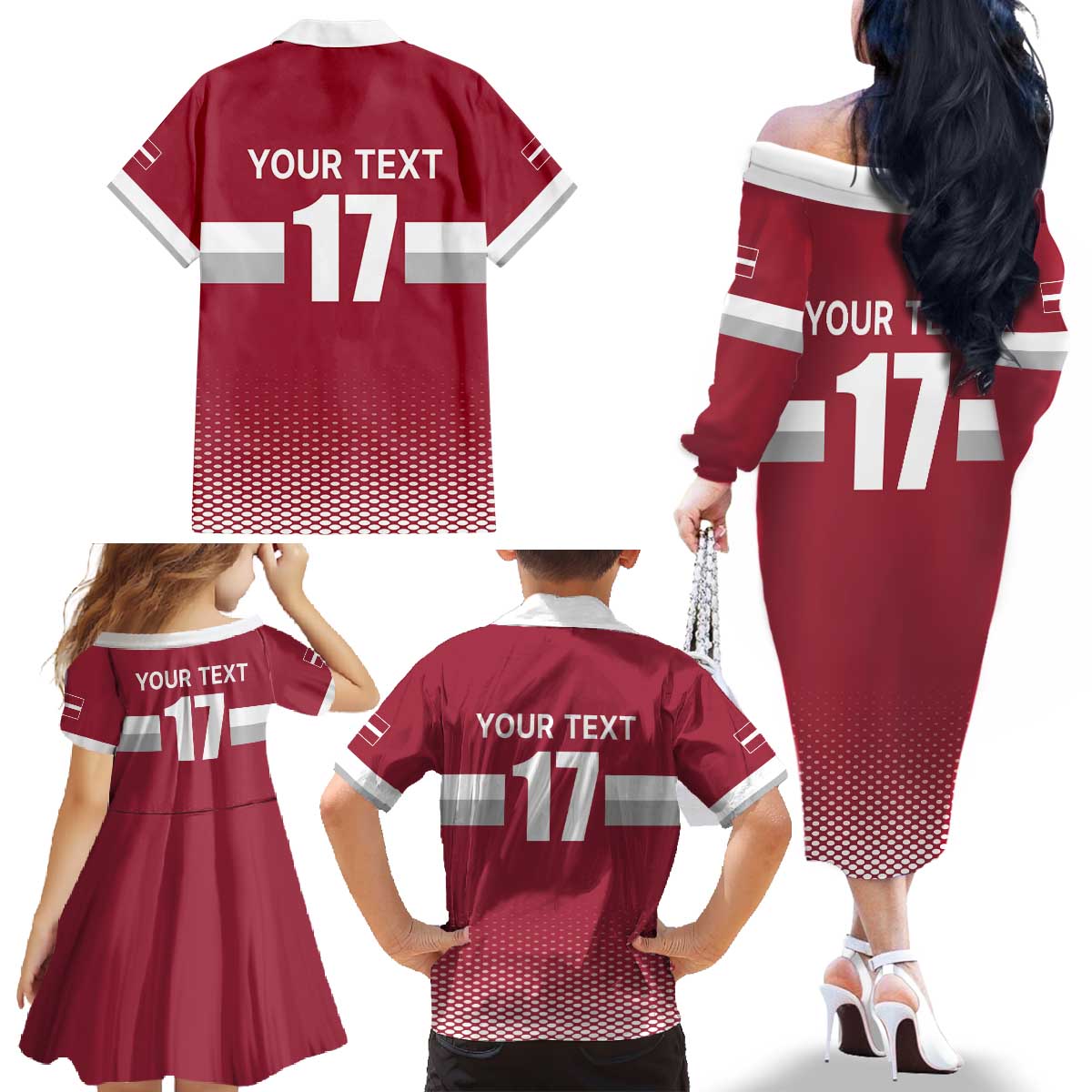 Custom Latvia Ice Hockey Champions Family Matching Off The Shoulder Long Sleeve Dress and Hawaiian Shirt Come on Latvija Red style