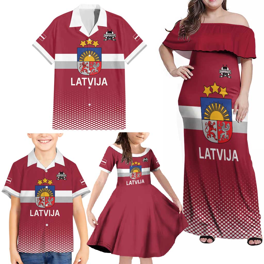Custom Latvia Ice Hockey Champions Family Matching Off Shoulder Maxi Dress and Hawaiian Shirt Come on Latvija Red style