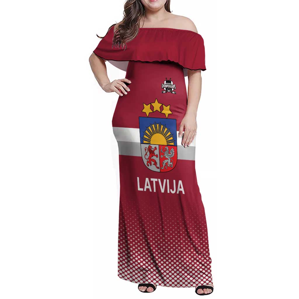 Custom Latvia Ice Hockey Champions Family Matching Off Shoulder Maxi Dress and Hawaiian Shirt Come on Latvija Red style
