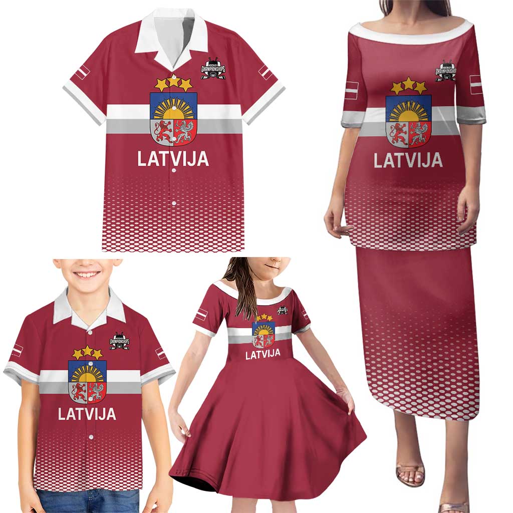 Custom Latvia Ice Hockey Champions Family Matching Puletasi and Hawaiian Shirt Come on Latvija Red style