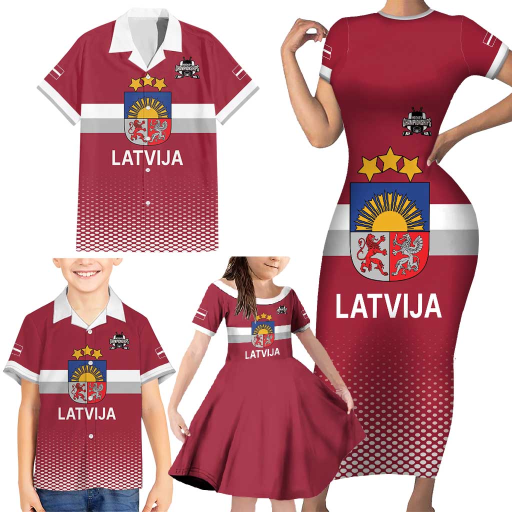 Custom Latvia Ice Hockey Champions Family Matching Short Sleeve Bodycon Dress and Hawaiian Shirt Come on Latvija Red style
