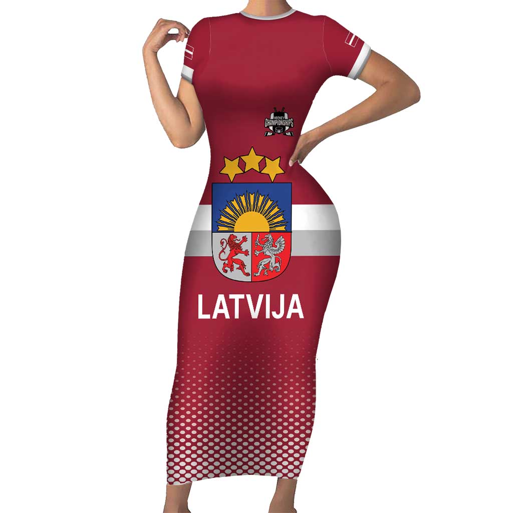 Custom Latvia Ice Hockey Champions Family Matching Short Sleeve Bodycon Dress and Hawaiian Shirt Come on Latvija Red style