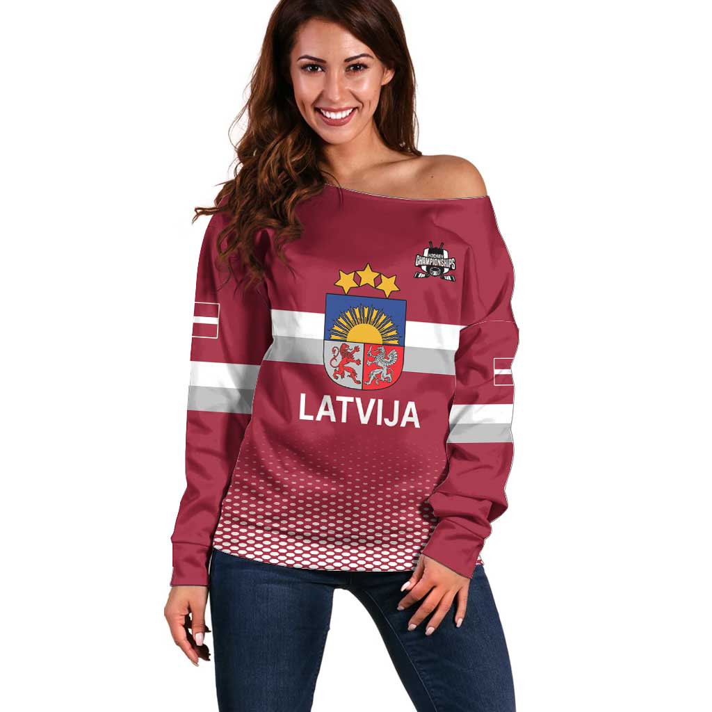 Custom Latvia Ice Hockey Champions Off Shoulder Sweater Come on Latvija Red style