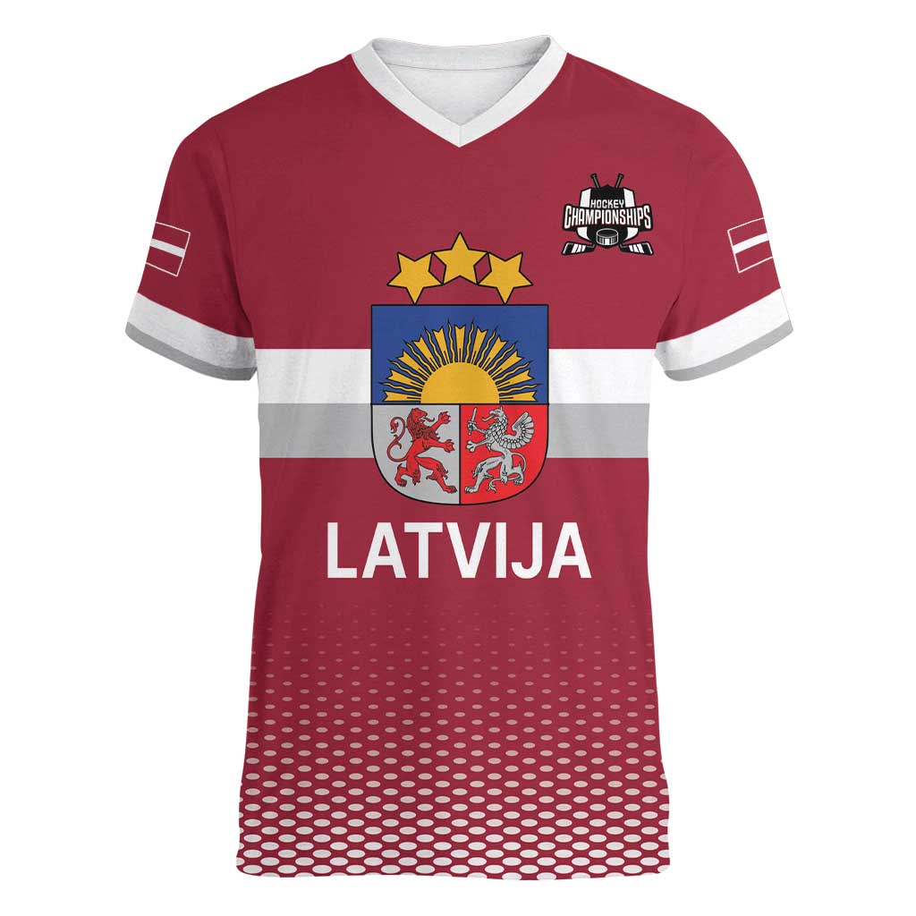 Custom Latvia Ice Hockey Champions Women V-Neck T-Shirt Come on Latvija Red style