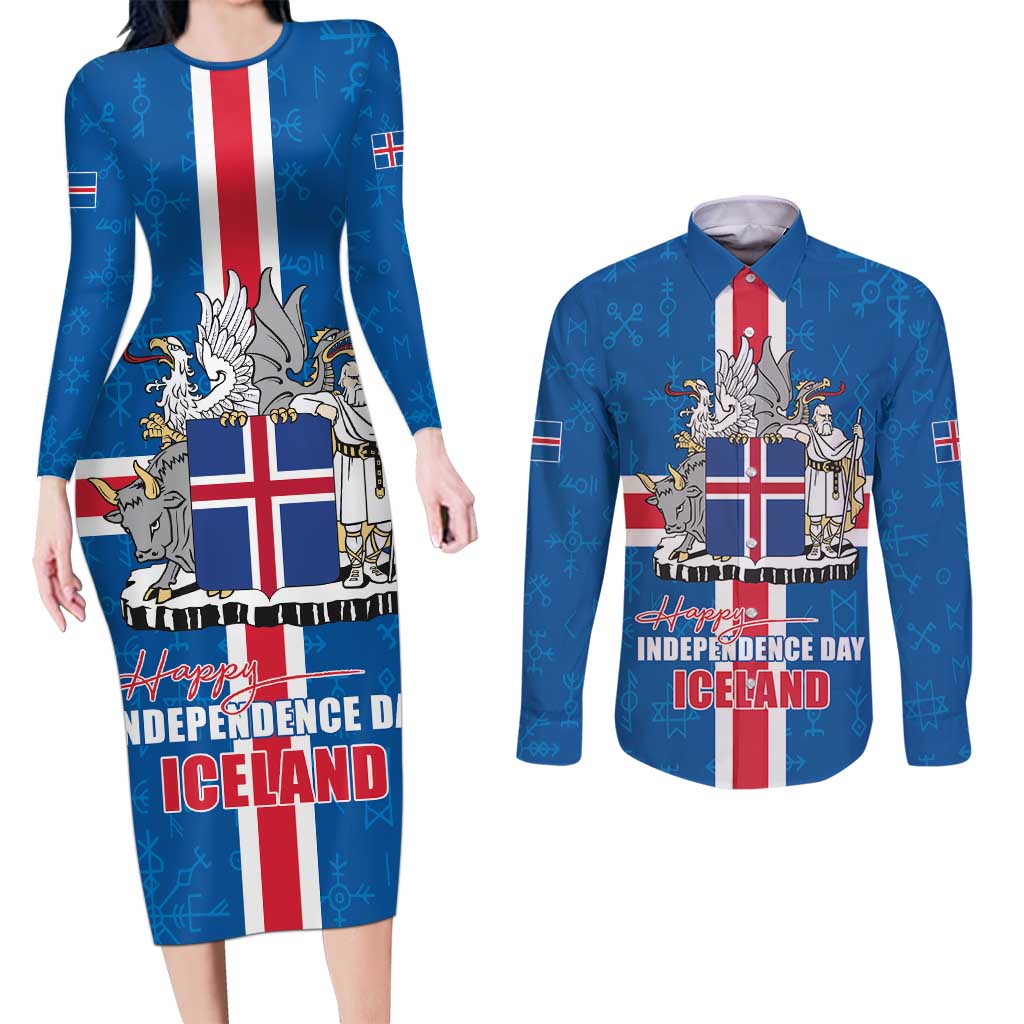 Iceland Icelandic National Day Couples Matching Long Sleeve Bodycon Dress and Long Sleeve Button Shirt Happy 81th Anniversary