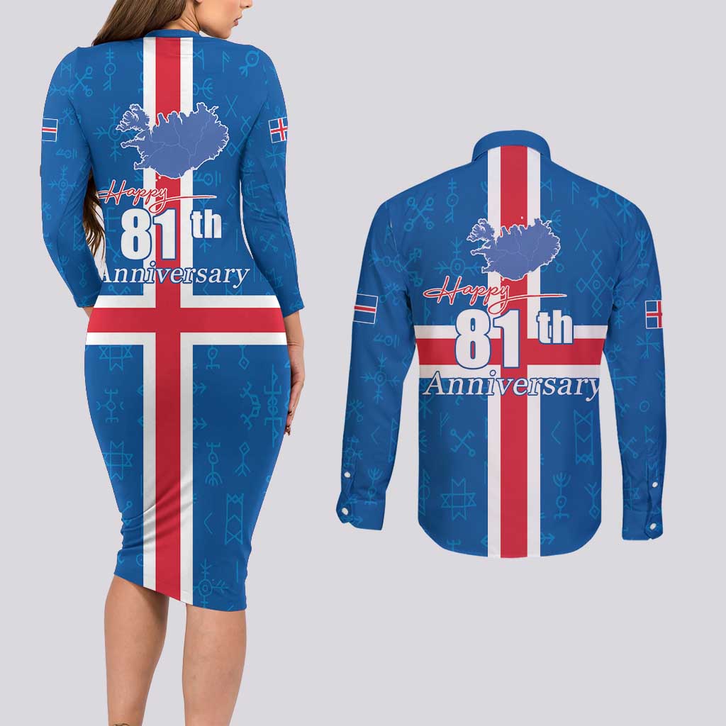 Iceland Icelandic National Day Couples Matching Long Sleeve Bodycon Dress and Long Sleeve Button Shirt Happy 81th Anniversary