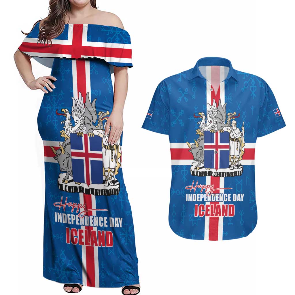 Iceland Icelandic National Day Couples Matching Off Shoulder Maxi Dress and Hawaiian Shirt Happy 81th Anniversary