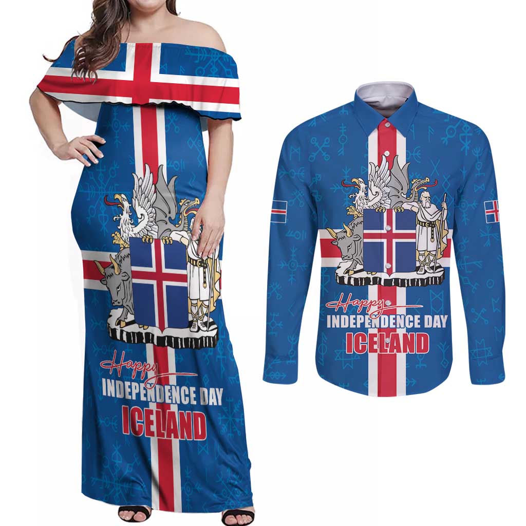 Iceland Icelandic National Day Couples Matching Off Shoulder Maxi Dress and Long Sleeve Button Shirt Happy 81th Anniversary