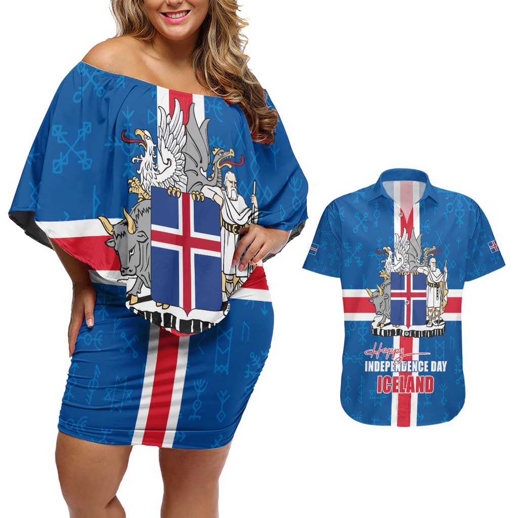 Iceland Icelandic National Day Couples Matching Off Shoulder Short Dress and Hawaiian Shirt Happy 81th Anniversary