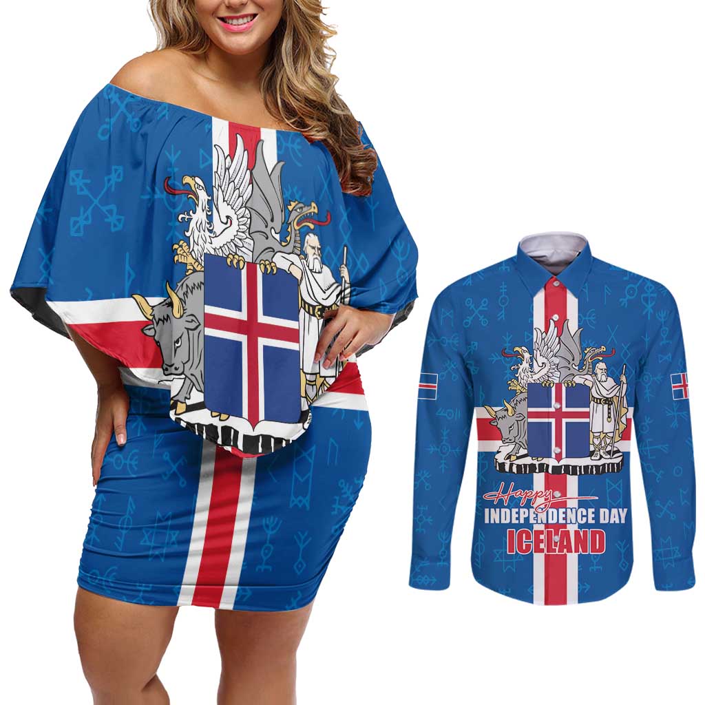 Iceland Icelandic National Day Couples Matching Off Shoulder Short Dress and Long Sleeve Button Shirt Happy 81th Anniversary