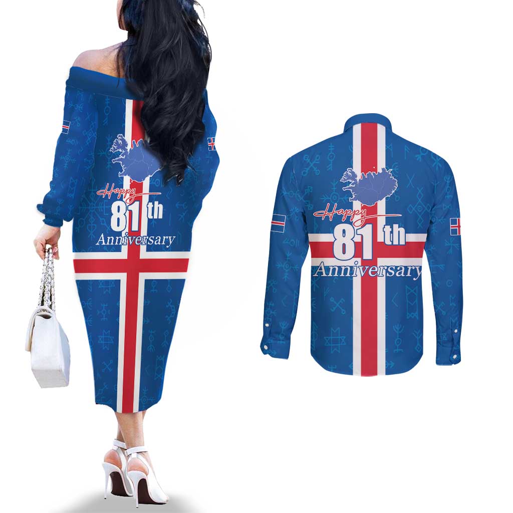 Iceland Icelandic National Day Couples Matching Off The Shoulder Long Sleeve Dress and Long Sleeve Button Shirt Happy 81th Anniversary