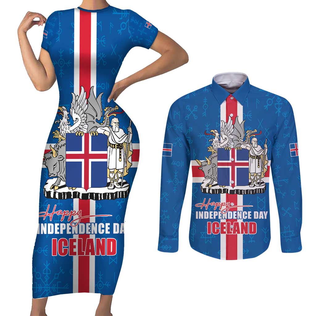 Iceland Icelandic National Day Couples Matching Short Sleeve Bodycon Dress and Long Sleeve Button Shirt Happy 81th Anniversary