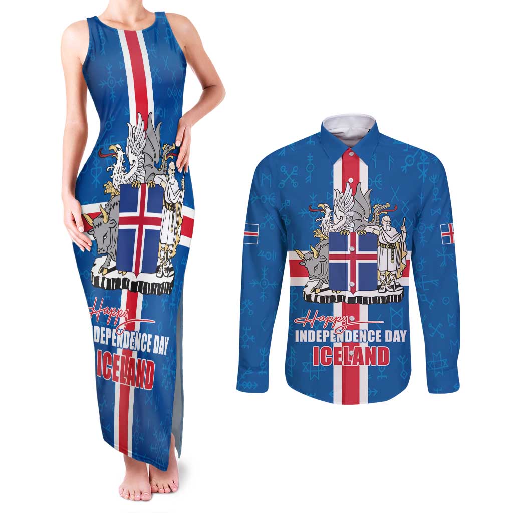 Iceland Icelandic National Day Couples Matching Tank Maxi Dress and Long Sleeve Button Shirt Happy 81th Anniversary