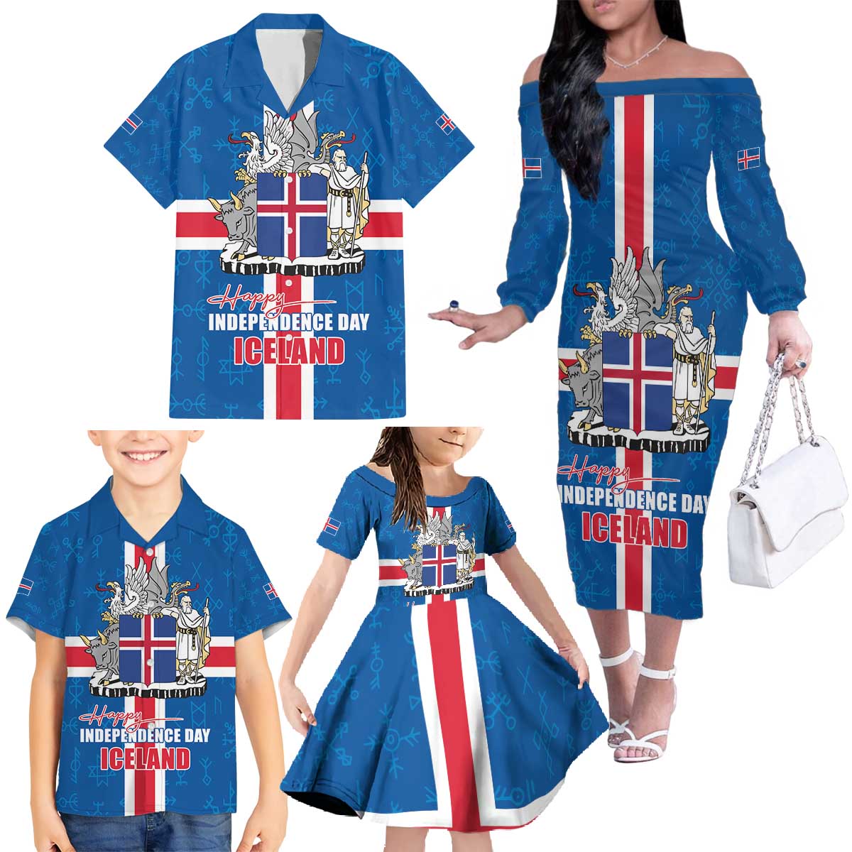 Iceland Icelandic National Day Family Matching Off The Shoulder Long Sleeve Dress and Hawaiian Shirt Happy 81th Anniversary