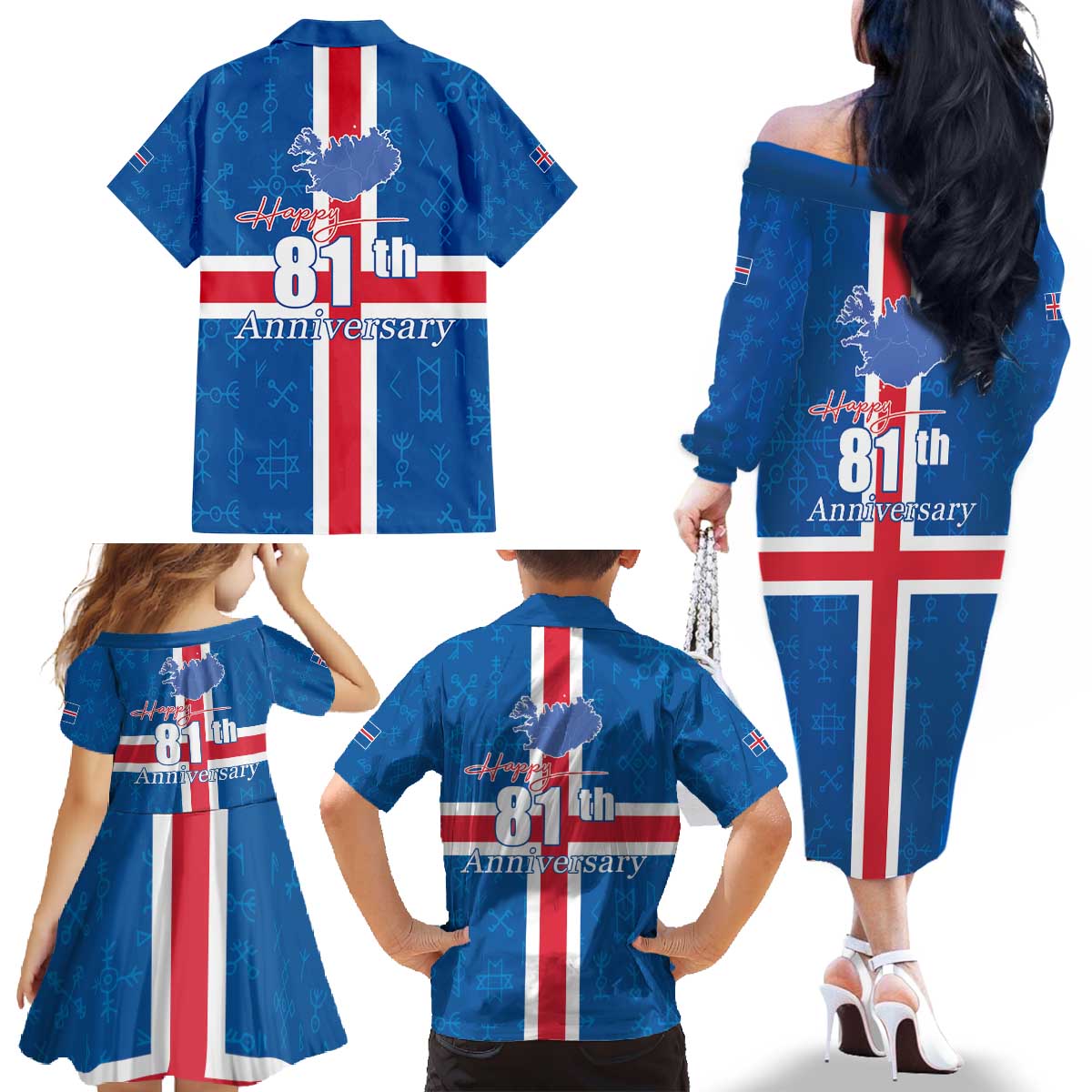 Iceland Icelandic National Day Family Matching Off The Shoulder Long Sleeve Dress and Hawaiian Shirt Happy 81th Anniversary