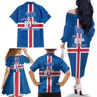 Iceland Icelandic National Day Family Matching Off The Shoulder Long Sleeve Dress and Hawaiian Shirt Happy 81th Anniversary