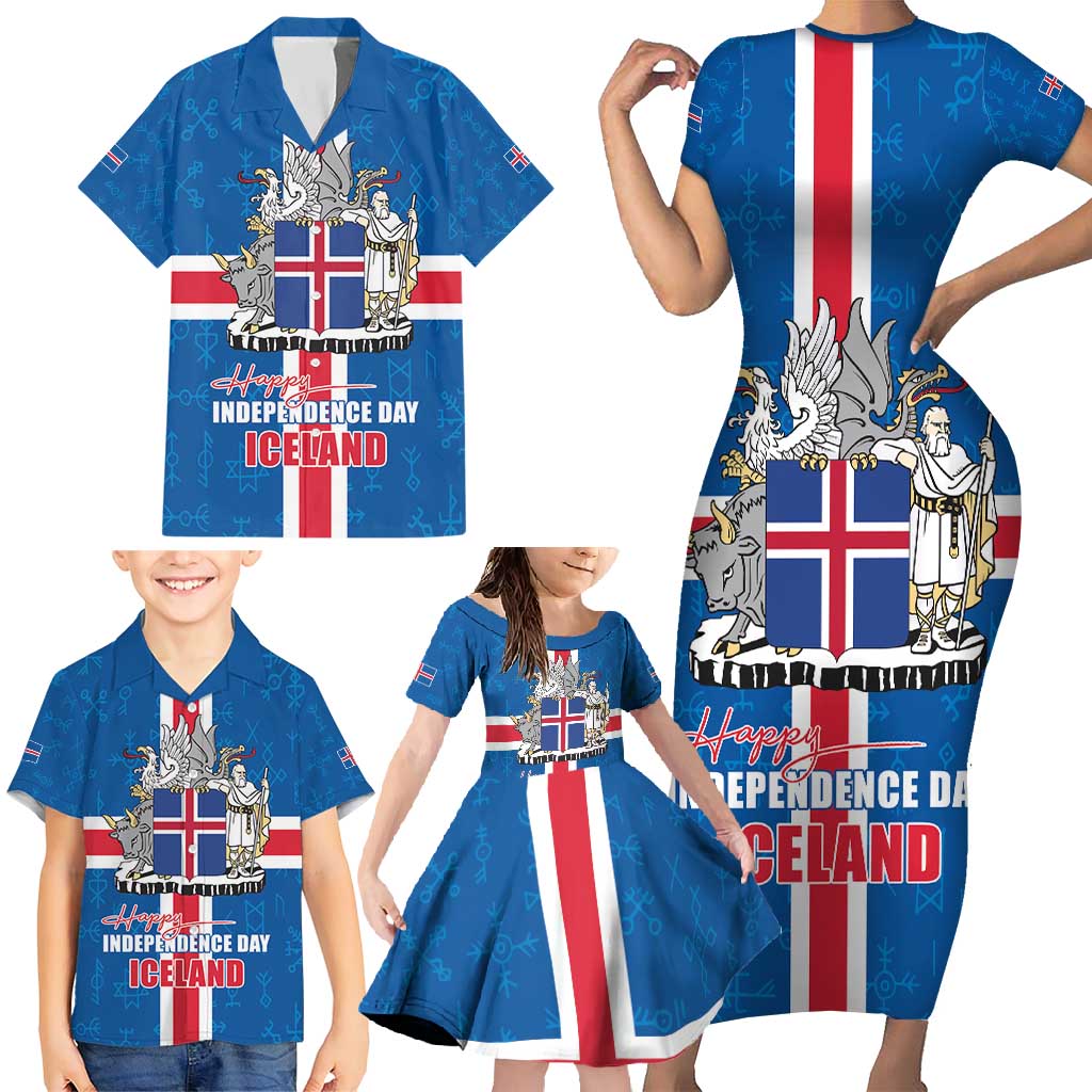 Iceland Icelandic National Day Family Matching Short Sleeve Bodycon Dress and Hawaiian Shirt Happy 81th Anniversary