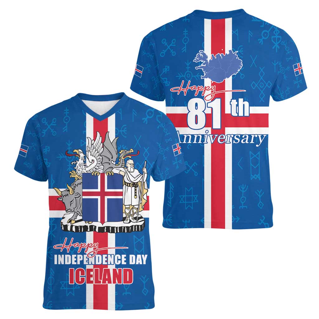 Iceland Icelandic National Day Women V-Neck T-Shirt Happy 81th Anniversary