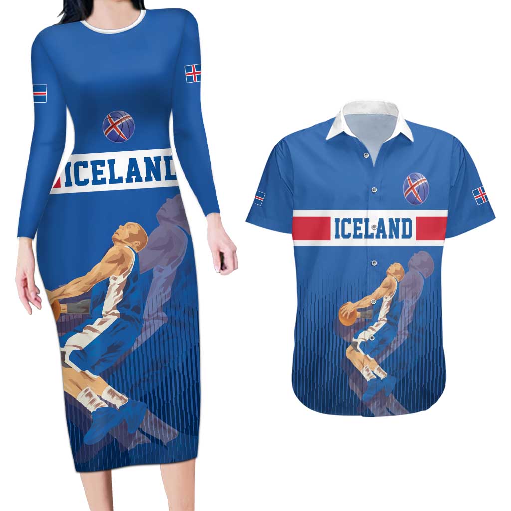 Iceland Basketball Custom Couples Matching Long Sleeve Bodycon Dress and Hawaiian Shirt Blue Style