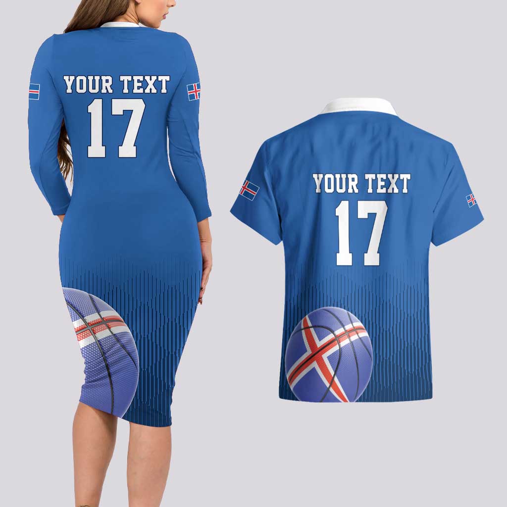 Iceland Basketball Custom Couples Matching Long Sleeve Bodycon Dress and Hawaiian Shirt Blue Style